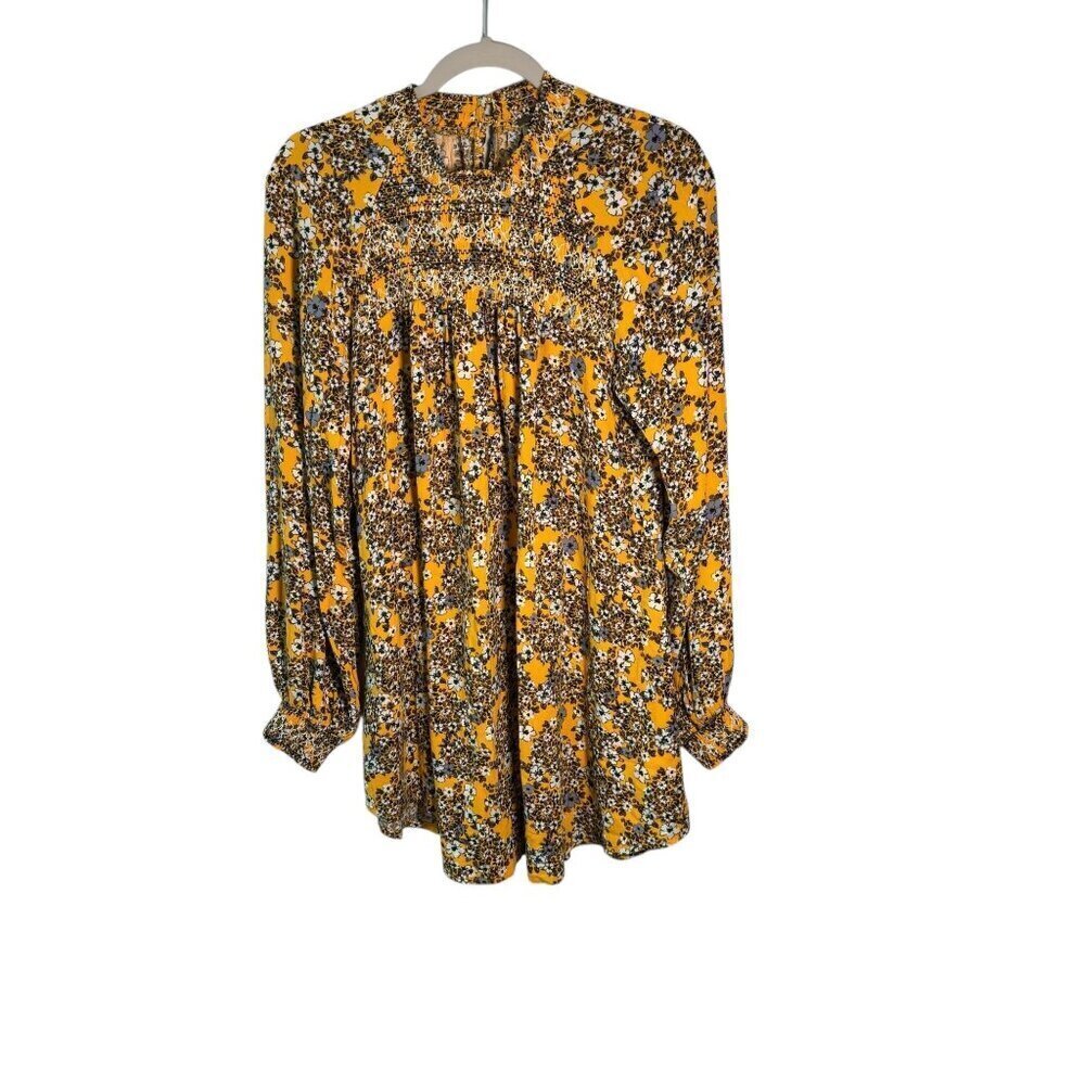 Free People Yellow Floral Boho Smocked Long Sleeve Top Tunic S